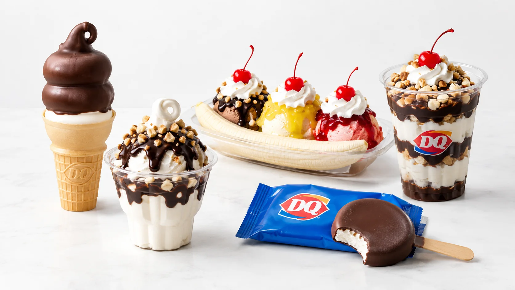 Dairy Queen Treats: cones, banana split, dilly bar, and more.