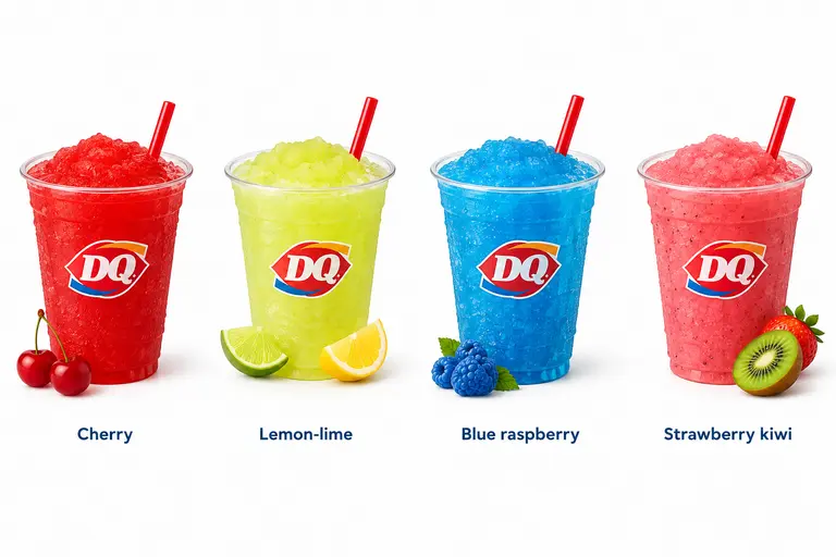 Dairy Queen Misty Slush flavors in cherry, lemon-lime, blue raspberry, and strawberry kiwi.