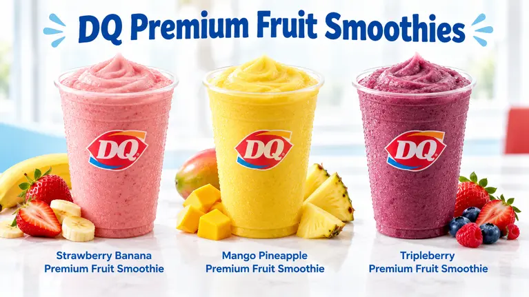 Dairy Queen Premium Fruit Smoothies in Strawberry Banana, Mango Pineapple, and Tripleberry flavors.