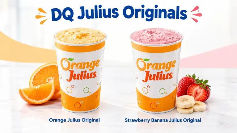 Dairy Queen Julius Originals featuring Orange Julius and Strawberry Banana Julius drinks.