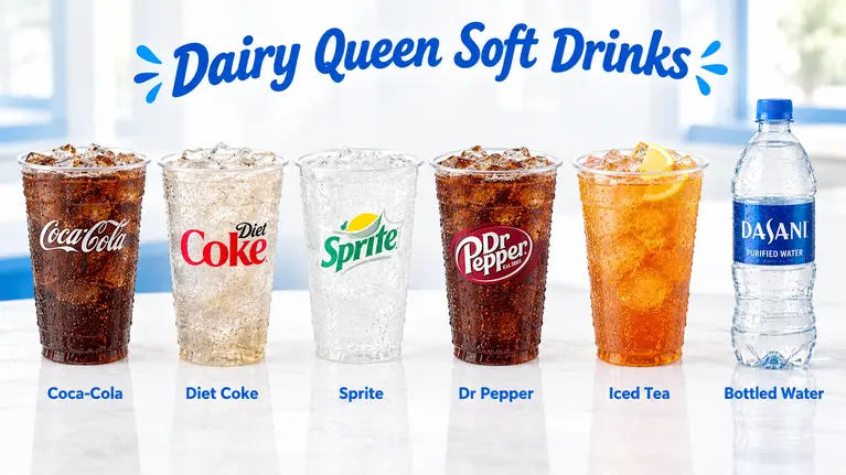 Dairy Queen Soft Drinks menu featuring Coca-Cola, Diet Coke, Sprite, Dr Pepper, Iced tea, and Bottled water