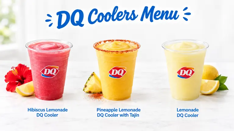 Dairy Queen Coolers menu featuring Hibiscus Lemonade Cooler, Pineapple Lemonade Cooler with Tajin, and Lemonade Cooler