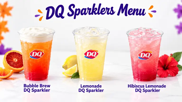 Dairy Queen Sparkler Menu featuring Bubble Brew Sparkler, Lemonade Sparkler, and Hibiscus lemonade Sparkler