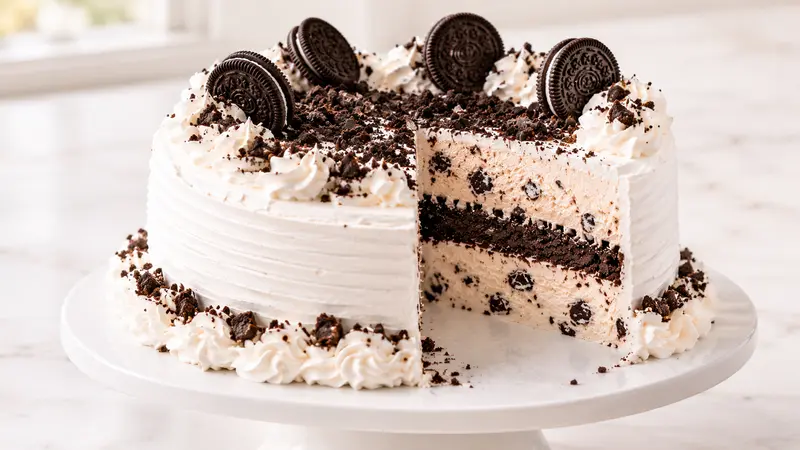 Cookies and cream ice cream cake with chocolate cookie crumble and vanilla ice cream layers