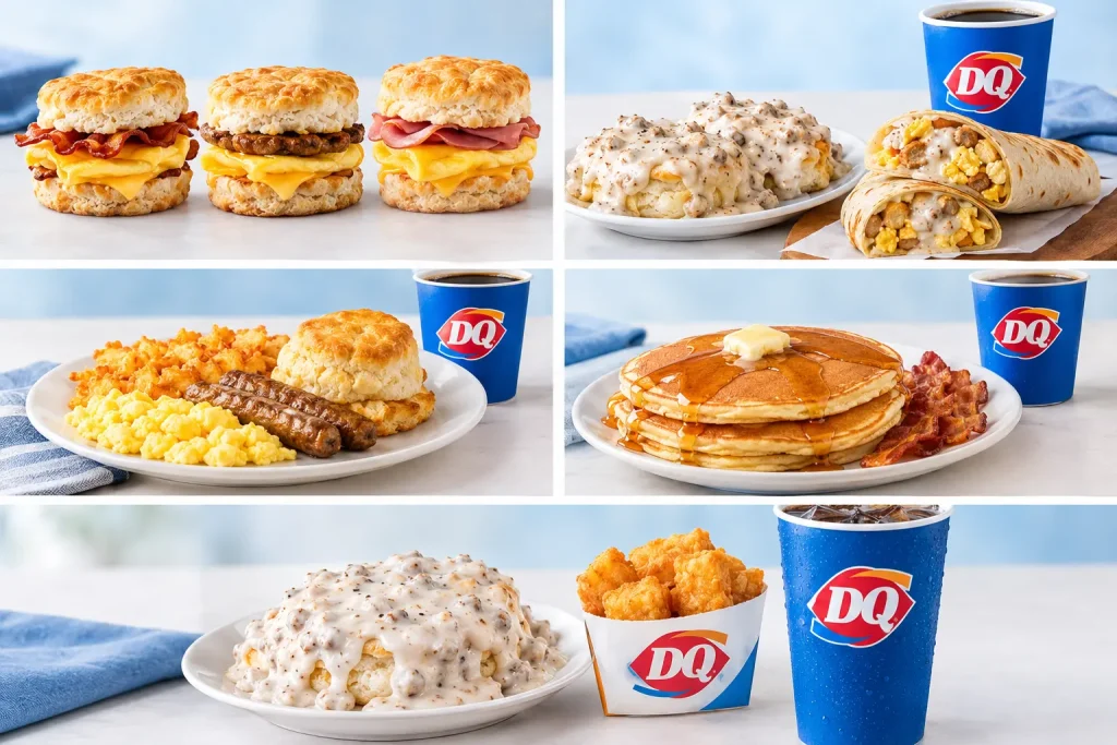 Dairy Queen breakfast menu with biscuit sandwiches, biscuits and gravy, burrito, breakfast platter, pancakes, and hash browns