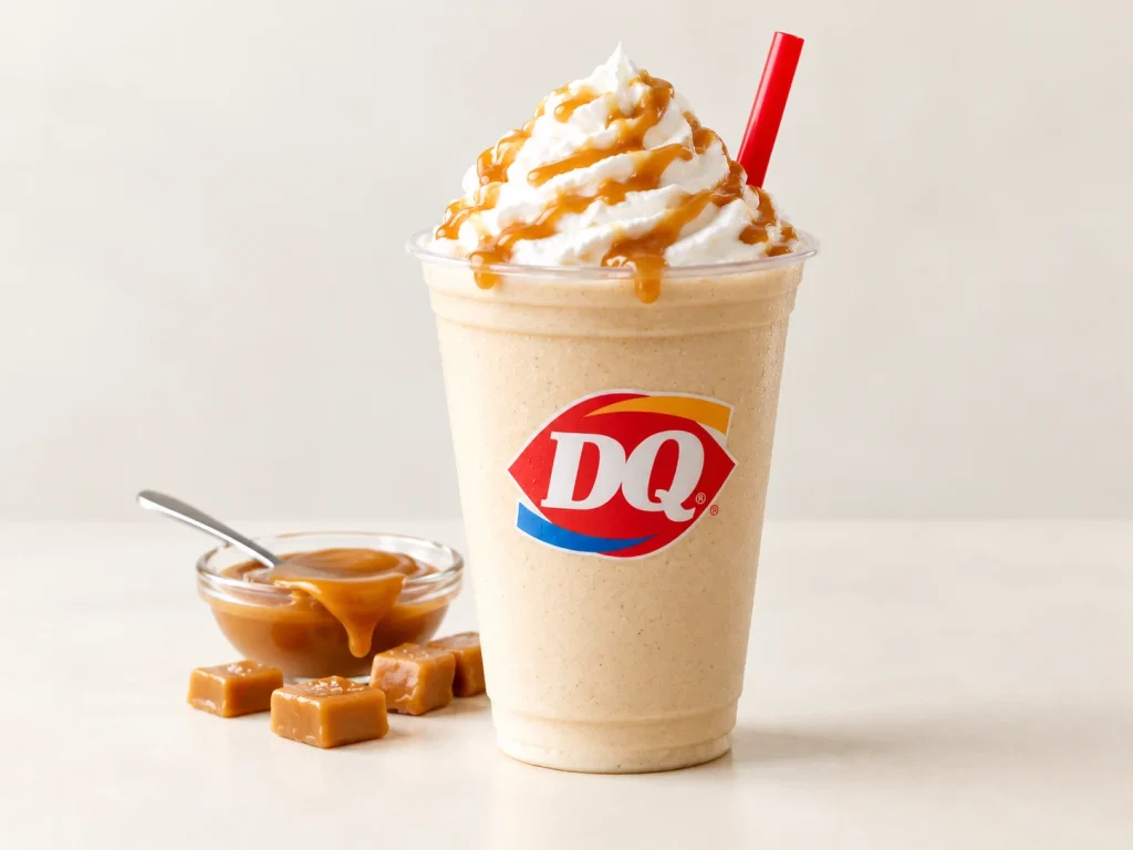 Caramel Dairy Queen shake with whipped cream and caramel drizzle