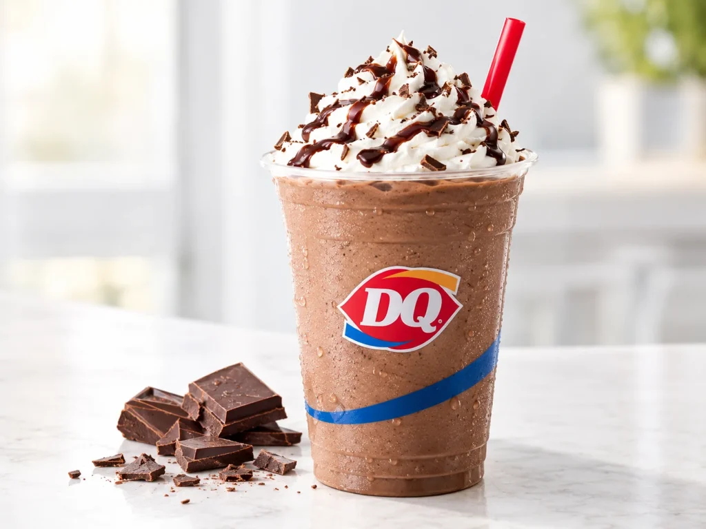 Thick chocolate Dairy Queen shake topped with whipped cream