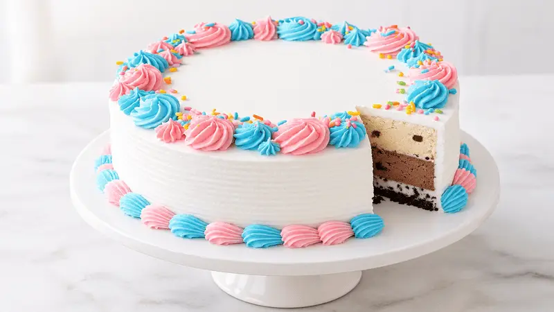 Round birthday ice cream cake with white frosting and a colorful piped border