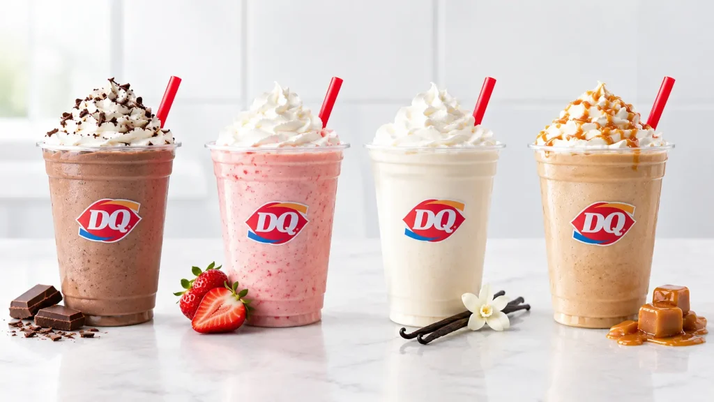 Chocolate, strawberry, vanilla, and caramel Dairy Queen shake flavors