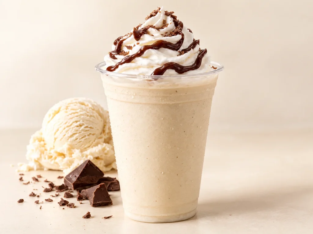 Creamy milkshake topped with whipped cream and chocolate sauce