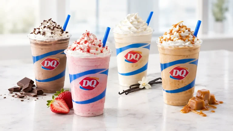 Dairy Queen shakes in chocolate, strawberry, vanilla, and caramel flavors