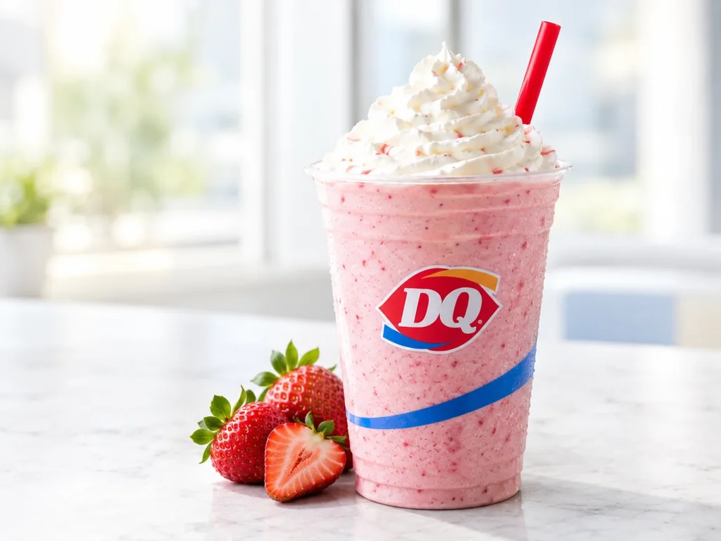 Pink strawberry Dairy Queen shake with whipped cream and fresh strawberries