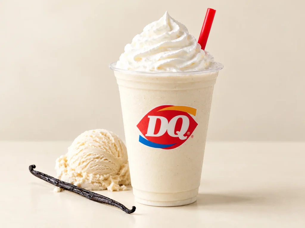 Creamy vanilla Dairy Queen shake topped with whipped cream
