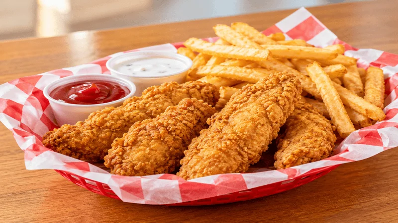 Dairy Queen chicken strip basket with crispy chicken strips, fries, and dipping sauce