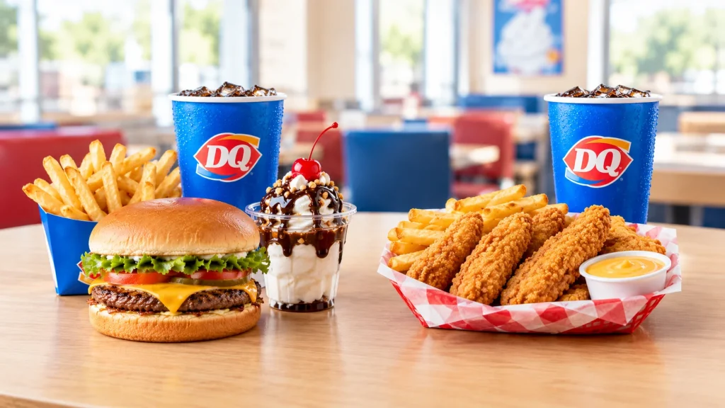 Dairy Queen burger and chicken meal options with fries, drinks, and dessert.