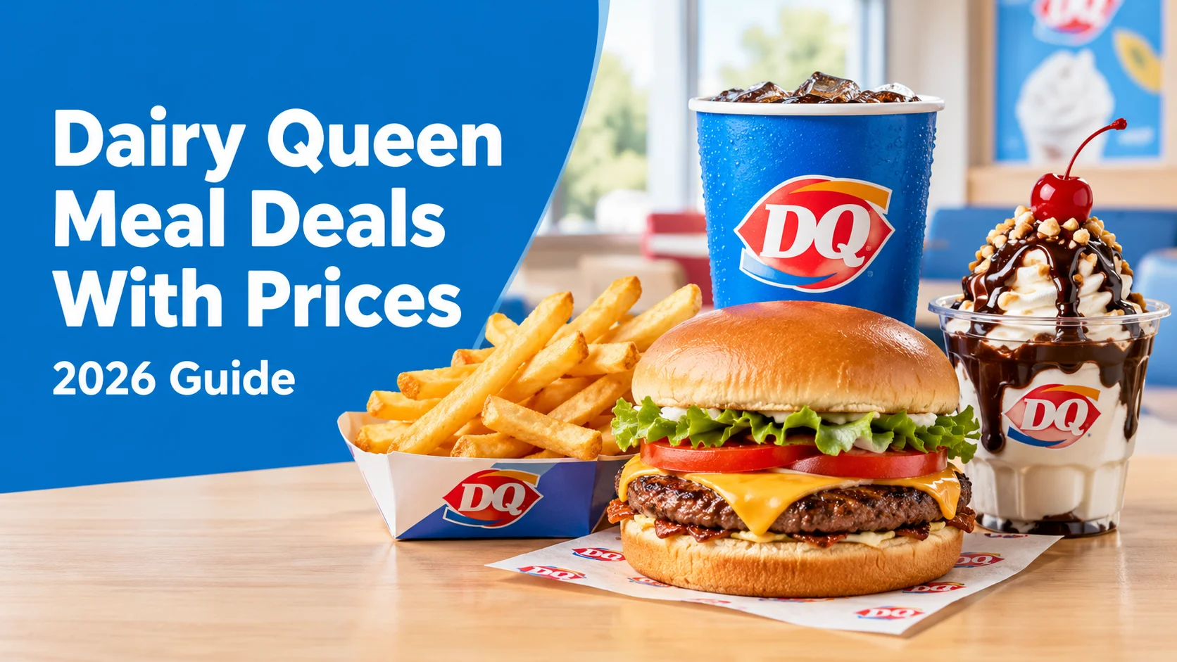 Dairy Queen meal deals with prices featuring a cheeseburger, fries, drink, and sundae.